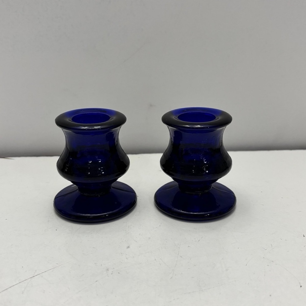 Pair of Small Vintage Footed Cobalt Blue Glass Taper Candlestick Holders